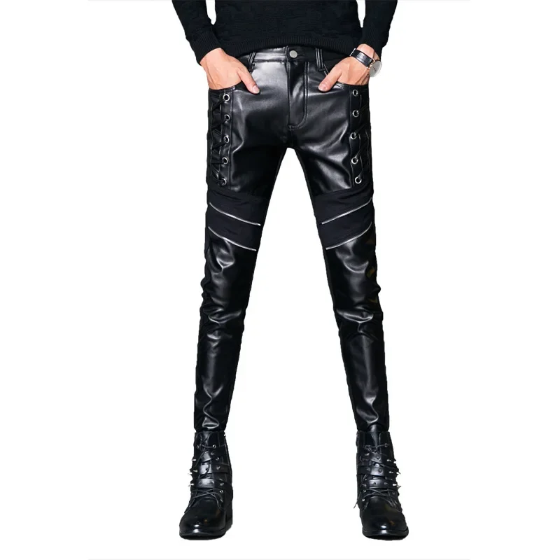 Men's Trendy Black Casual Leather Pants Autumn/Winter Slim Fit Korean Style Patchwork Denim Pants For Men