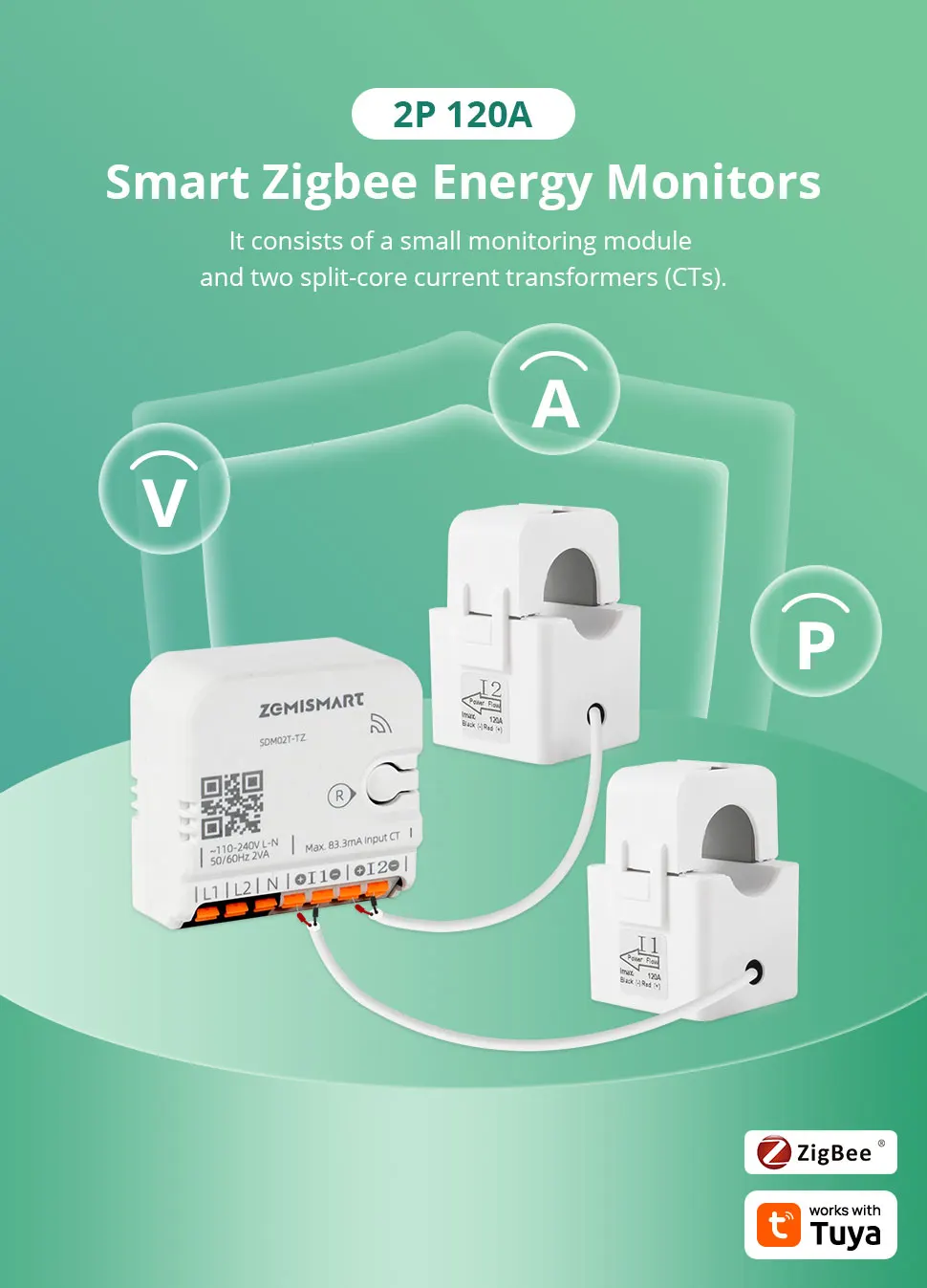 2 Phase Zigbee Smart Energy Meter 120A Power Monitor Din-rail Withdrawable Conne