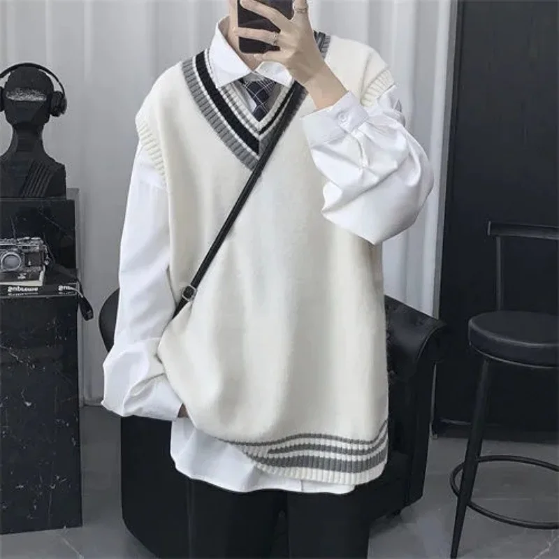 

Spring Summer Autumn Solid Patchwork Irregular Stripes Casual Pullover Tess Vest Men Loose Knitted Top Sweater Gentle Students