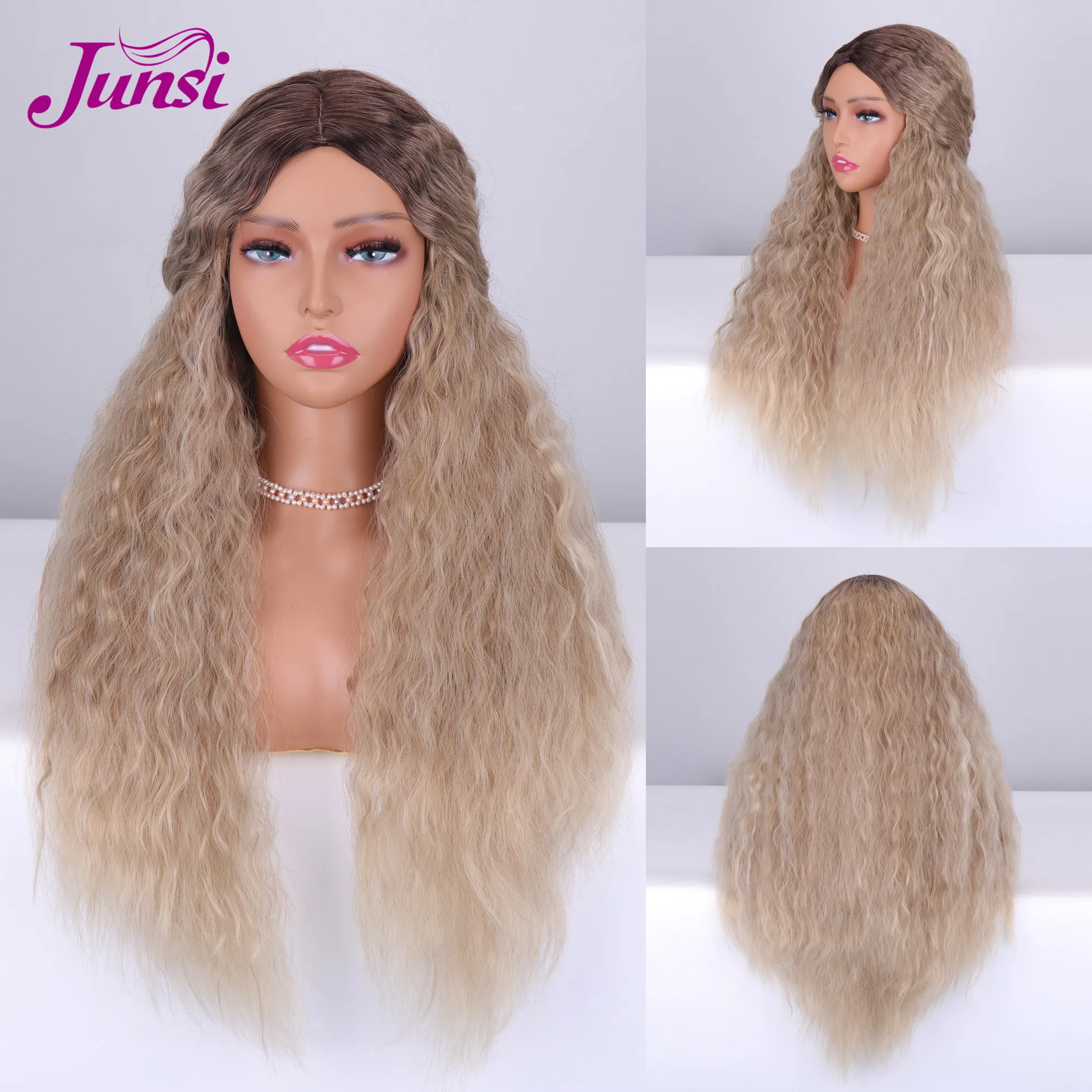 

JUNSI Long Fluffy Kinky Water Wave Wig Synthetic Hair for Women Middle Part Ombre Brown Blonde Cosplay Natural Heat Resistant