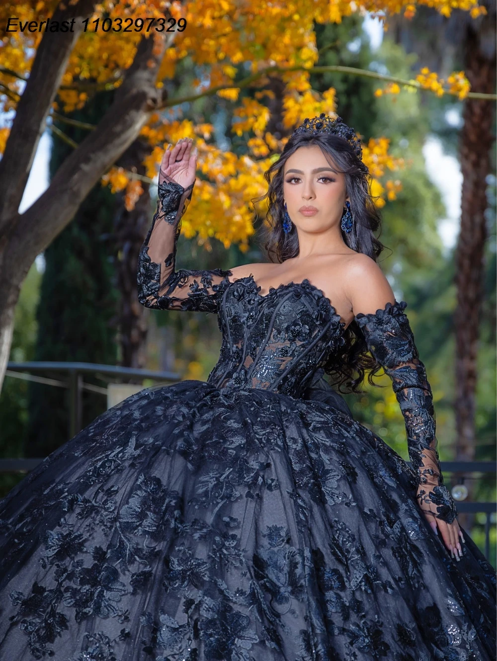 EVLAST Shiny Black Quinceanera Dress Ball Gown Lace Applique Beading Long Sleeve Sweet 16 Vestido De 15 Anos E1Q05