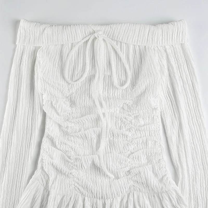 Korean Fashion Slash Neck Elegant Long Sleeve A Line White Dress Women Shirring Slim Waist Simple Sweet Japanese Clothing