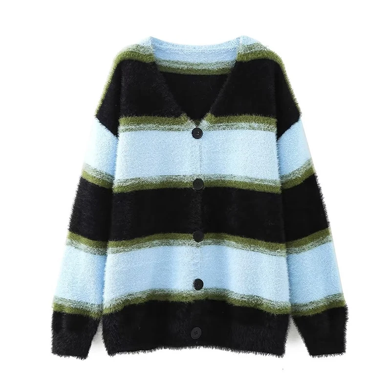 

YENKYE Autumn Winter Women Casual Long Sleeve Striped Cardigan Sweater Button Contrast Color V-Neck Coat