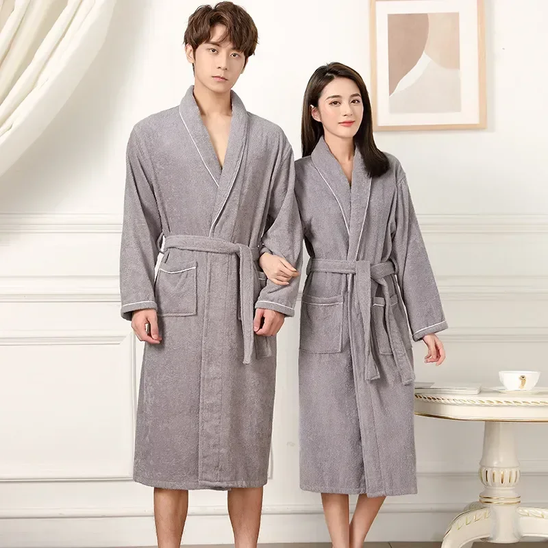 

Thick Terry Bathrobe Cotton Weight Bath Robes Long Absorbent Gown Light Couples Men 100% Robe Towel Sleepwear Women Hotel