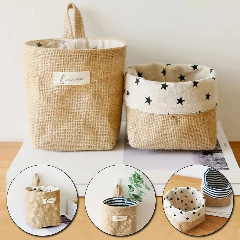 1PC Jute Cotton Linen Storage Bag Home Hanging Pocket Small Sack Sundries Organizer Cosmetic Storage Baskets Box 1