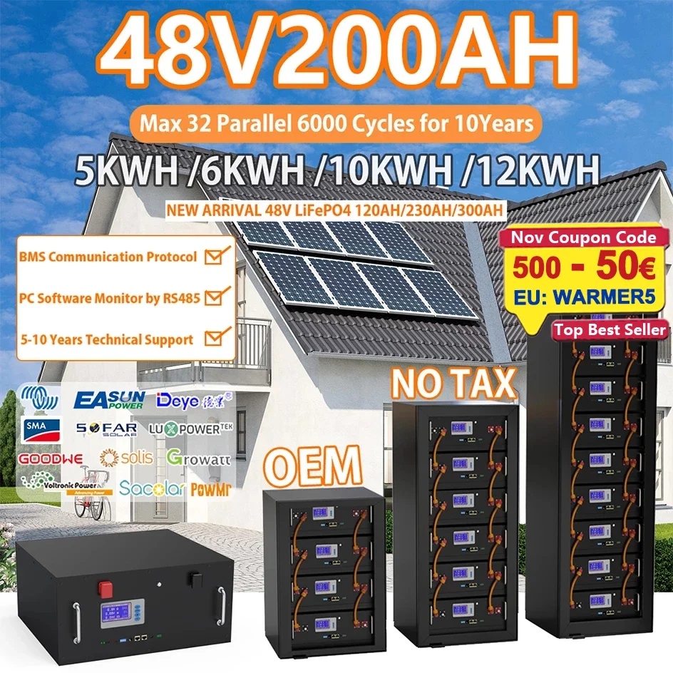 48V 200Ah 100Ah LiFePO4 Battery Pack 51.2V 10Kw 6000 Cycles PC Monitor Max 32 Parallel 16S 200A BMS Inverter Lithium Ion Battery