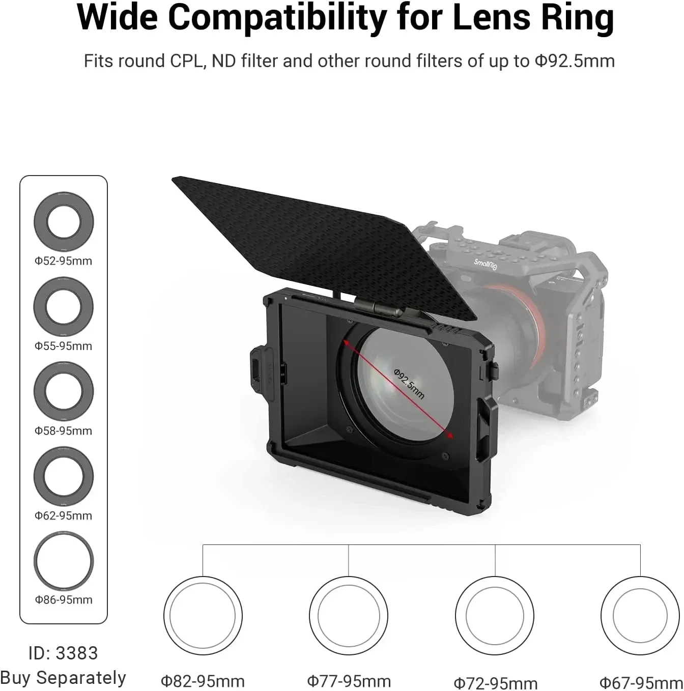 SMALLRIG Mini Matte Box Per Fotocamere DSLR/Mirrorless - Con Filtri 4x5,65" E Adattatori 67-95mm
