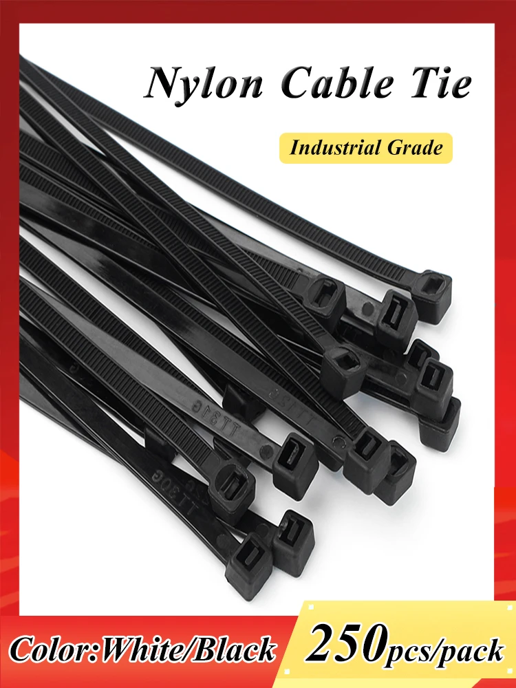 250pcs Zip Ties Self-locking Plastic Reusable Cable Nylon Cable Tie Rope 100 Pieces Black Fastening Ring Industriali Organizer