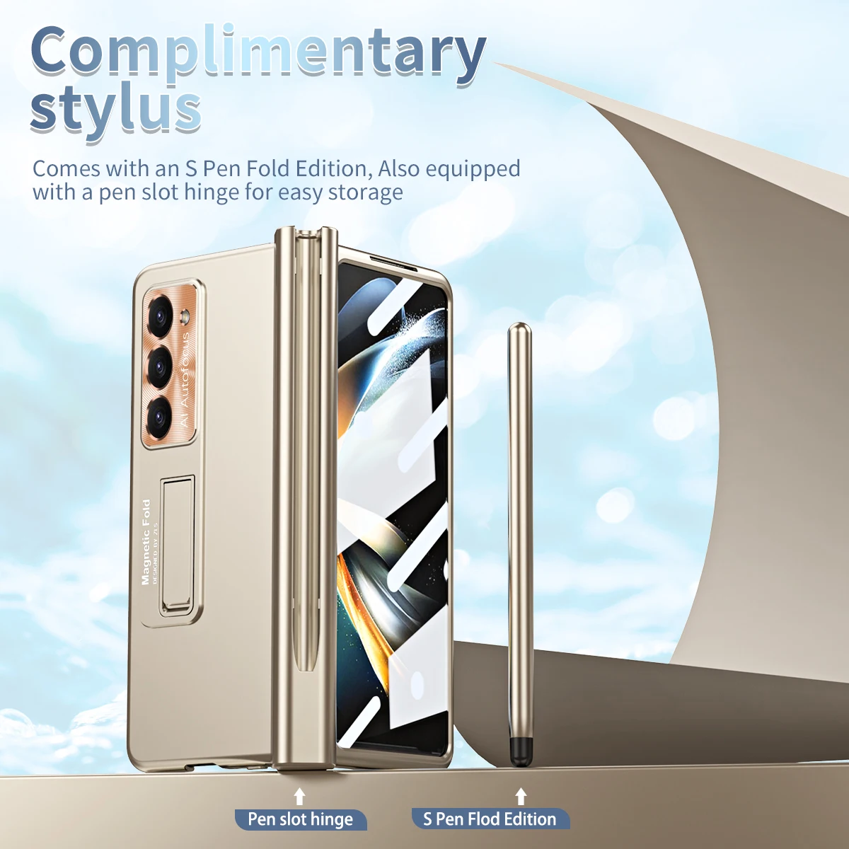 With Touch Pen For Samsung Galaxy Z Fold 5 4 3 Case Hinge Plating Magnetic Holder Screen Protector Tempered Film Folding Cover