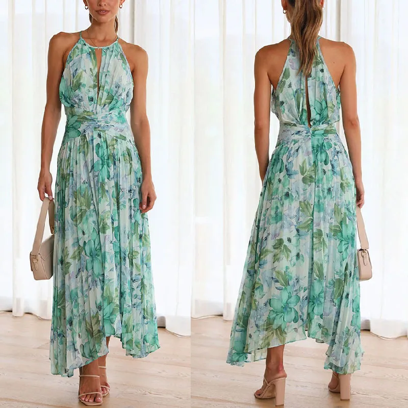 Fashion Print Halter Neck Dresses Women Hollow Out Backless Folds Sleeveless Irregular Hem Dress Trendy Lady Summer Vestidos New