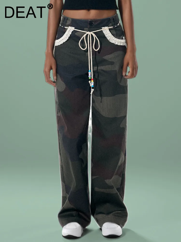 

DEAT Fashion Trendy Women's Wrinkled Edge Pockets Bandage Camouflage Pants 2024 Summer Straight Casual Trousers Female 11A0300