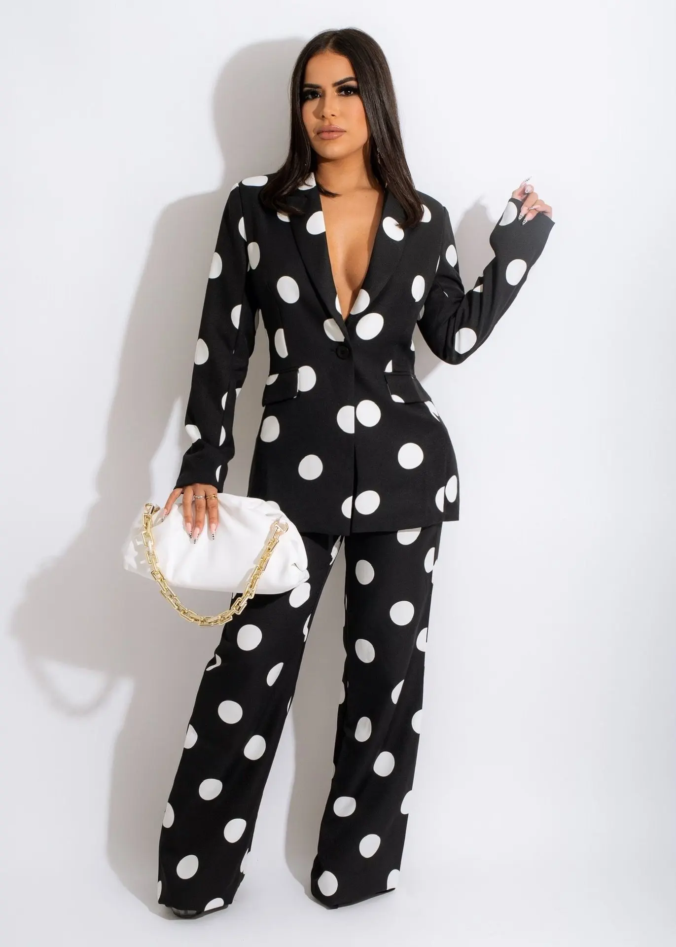

2023 Office Lady Pant Sets Polka Dots Single Button V Neck Blazer Suit Spring Wide Leg Trousers Overalls Two Piece Set for Women