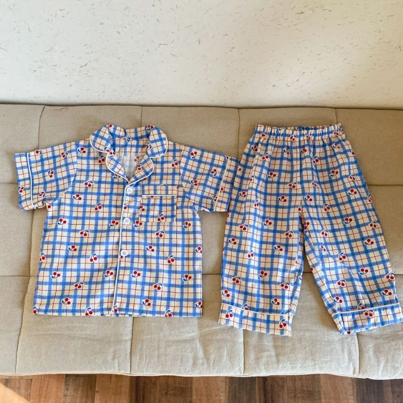 Children's Pajamas Summer 1-8Y Home Clothing Set Thin Pure Cotton Boys Lapel Top Pants 2Pcs Suit Girls Cartoon Printed Sleepwear