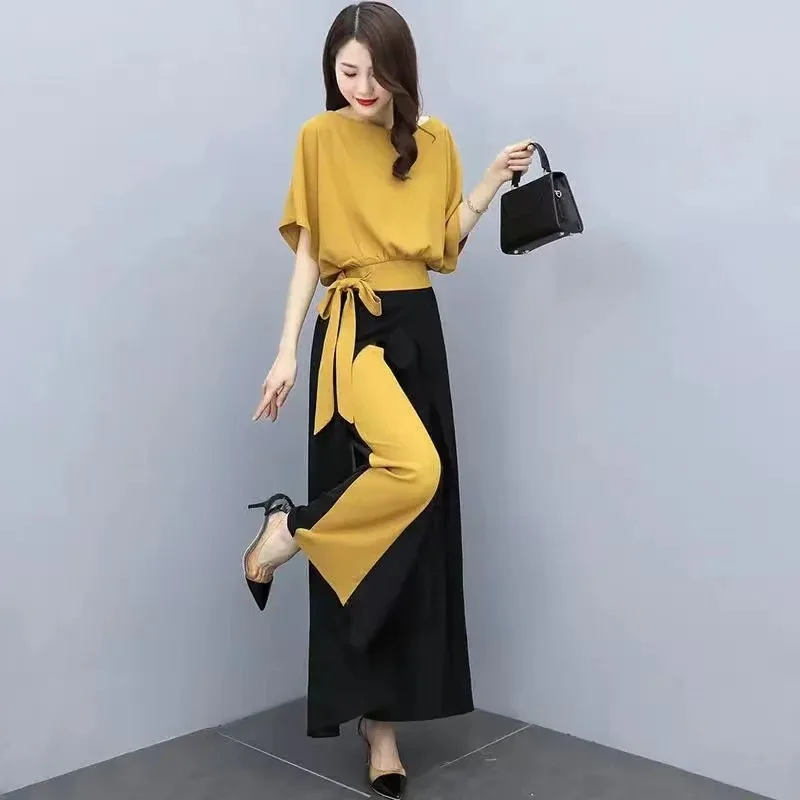 

2024 Summer New Chiffon Wide Leg Pants Set Women's Hanging Feeling Fashion Slim Two-piece Set Splicing Women's Wear