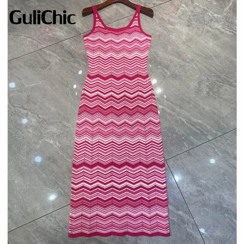

1.4 GuliChic Contrast Color Striped Knit Dress 2024 Spring Summer New Fashion Sexy Sleeveless Slim Dresses Women Clothing