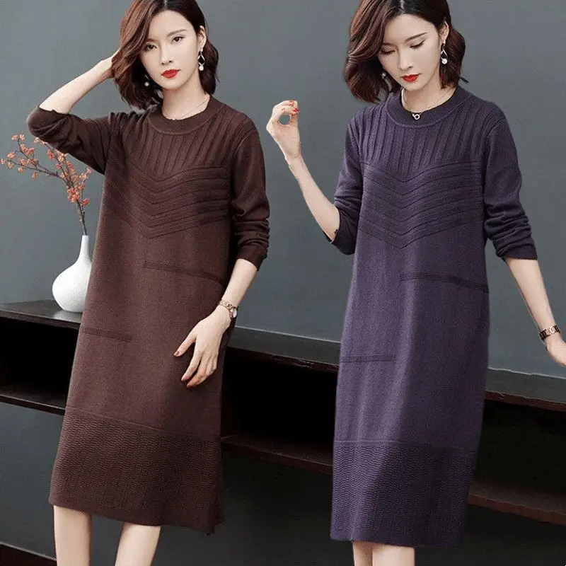 

2024 Long Sleeves Knitted Dress Plus Size Women's Clothes Temperament Autumn and Winter Sweater Dress Solid Color Women LU462