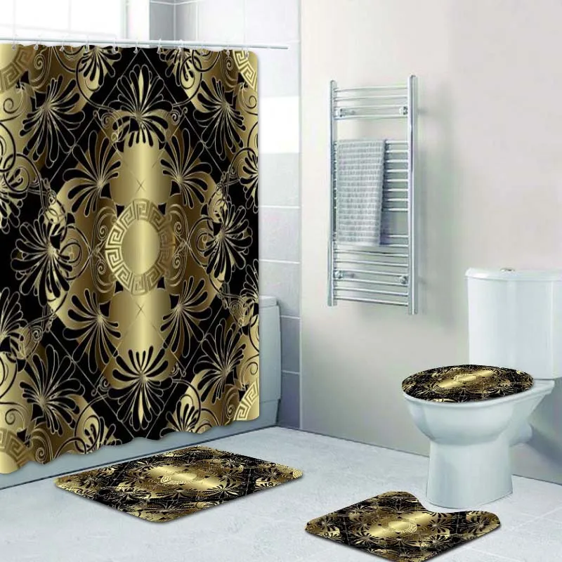 Geometric Grecian Key Meander Mandala Pattern Shower Curtain and Rug Set Bathroom Mats Rugs shower curtains