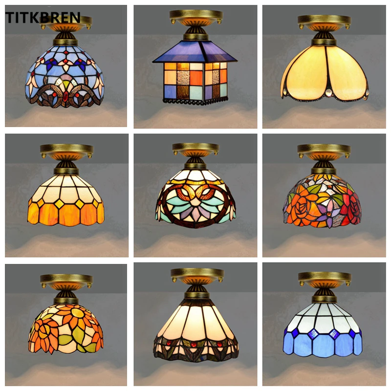 

Tiffany Style Stained Glass Ceiling Lamp Vintage Mediterranean Baroque Art Aisle Loft Bedroom Stairs Home Lighting Fixtures