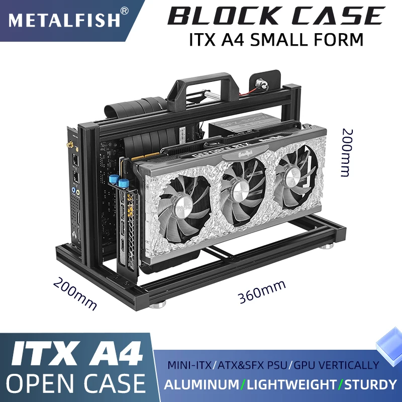 METALFISH ITX A4 Aluminum Open Frame MINI Case Support MINI-ITX Mainboard GPU Vertically 240Liquid Cooler Gamer DIY Cabinet