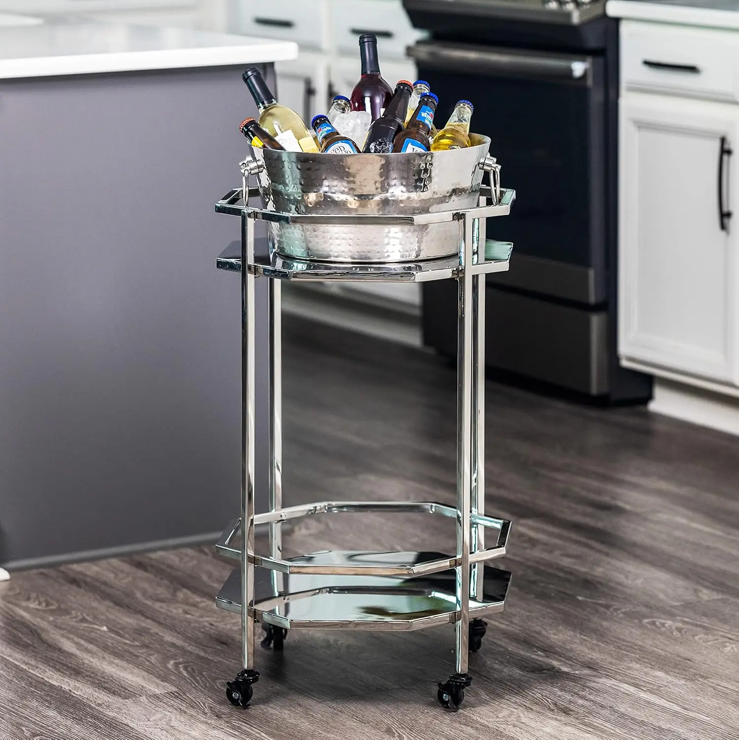 Hammered Stainless-Steel Beverage Tub, Double-Walled Insulated Anchored Drink Tub & Ice Bucket with Double Hinged Handles