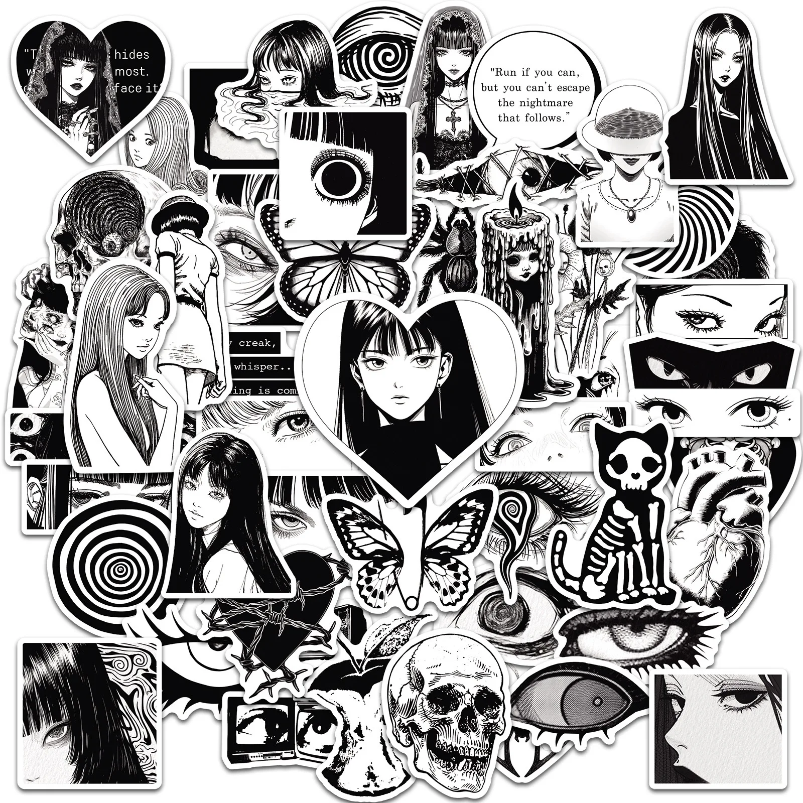 50PCS Ins 스타일 애니메이션 블랙 화이트 호러 소녀 스티커 미적 DIY 스크랩북 노트북 수하물 노트북 스케이트 보드 자동차 스티커