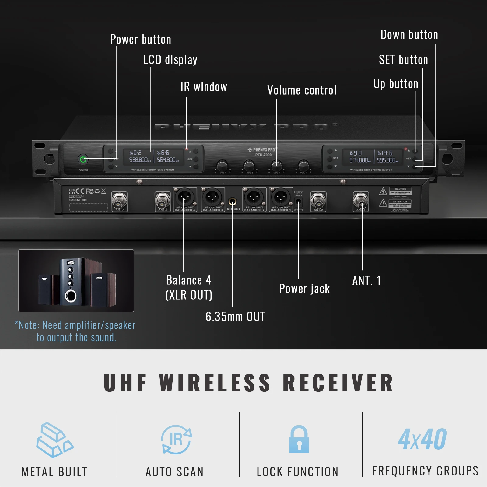 Phenyx Pro UHF Wireless Microphone System PTU-7000 with 4x40Channels Handheld Mics Auto Scan Selectable Frequency For Church wireless microphone