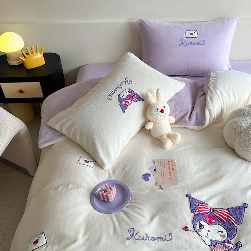 

Hello kitty Kuromi Cinnamoroll instant milk velvet bed sheet duvet cover animation cartoon winter plus velvet thickening 4pcs