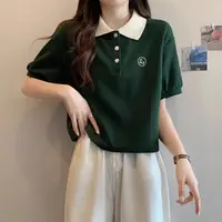 Contrast Color Short Sleeve Woman Button Tshirt Summer Outfit High Quality Sexy Crop Top Y2k Fashion Polo Neck T Shirt for Women - Image 2