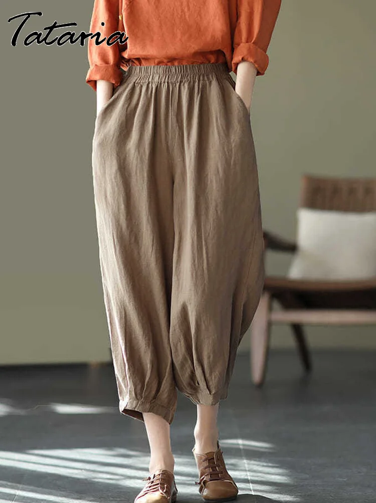 

Classic Cotton Linen Haerm Pants for Women White Summer Thin Baggy Capri Pants Loose High Waist Trousers Soft Female Bloomers