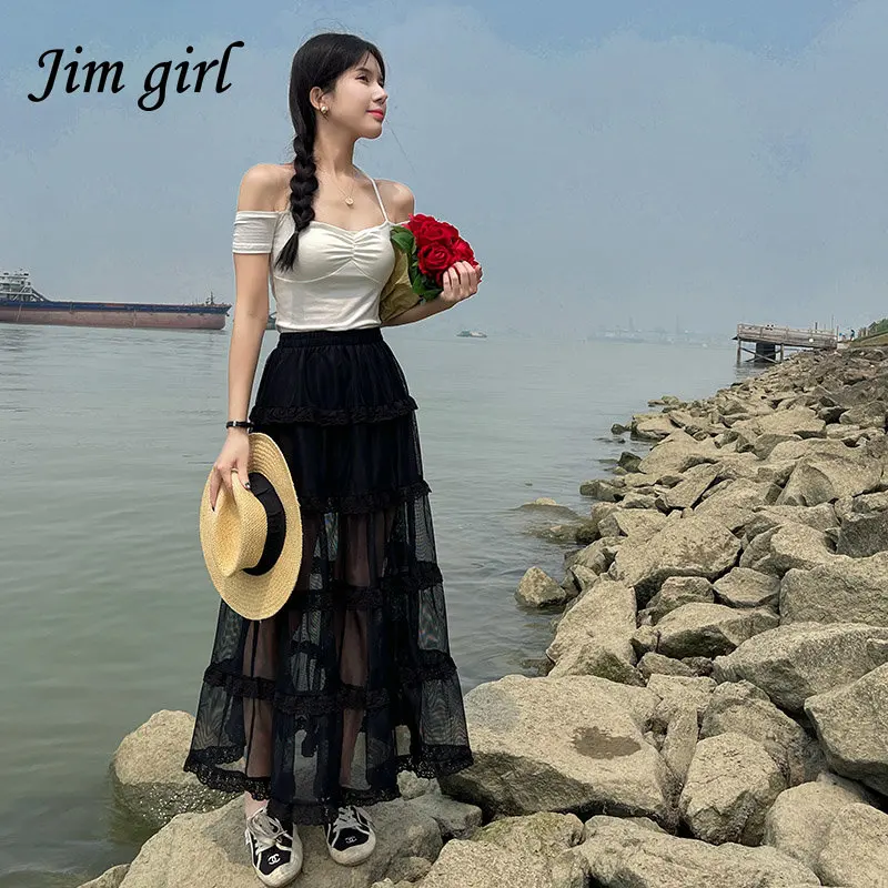 

Elegant Ruffled Lace Skirt Women Korea Fashion Sweet Mesh A-line Pleated Skirt Casual Holiday Female High Waist Faldas Aesthetic