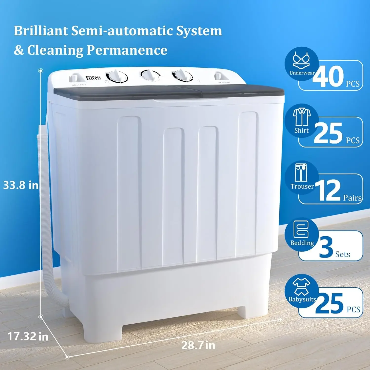 32 lbs Compact Mini Twin Tub Washing Machine with Drying Rack&10 Hangers, 20 lbs Washer Mini Compact Laundry Machine 4