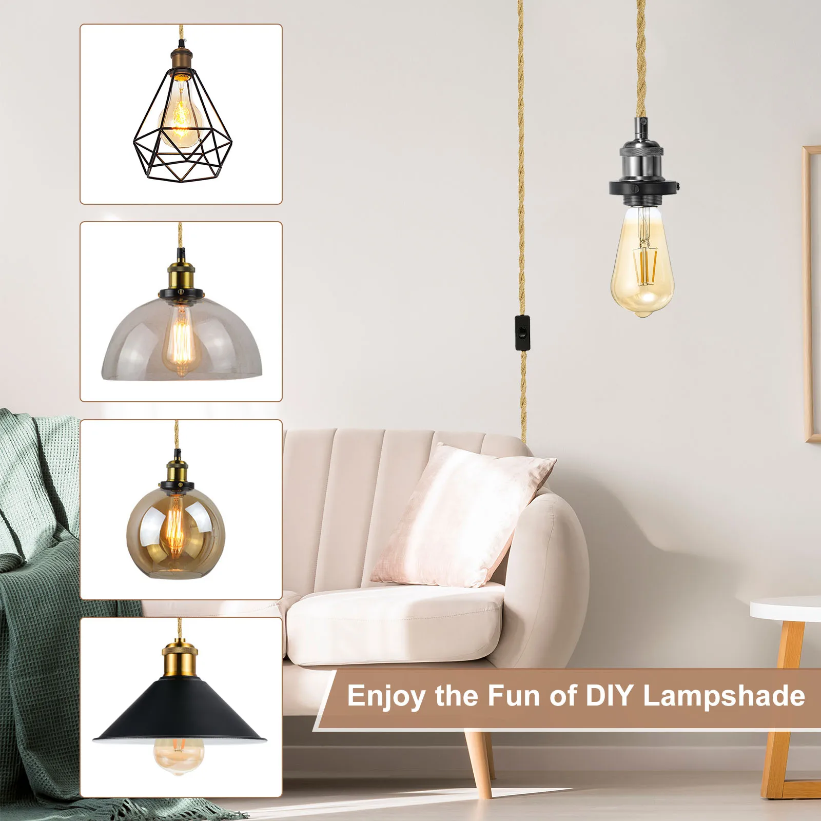 15.4Ft Pendant Light Cord Kit Plug in E26 Socket Hanging Light with Switch Wire Vintage Twisted Hemp Rope Bulb Socket Cord Cable