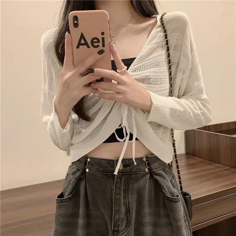 

Autumn New Solid Color Slim Cardigan Woman Sweet Ladies Hollow Out Cardigan Pink White Green Black Knitted Cardigan Women