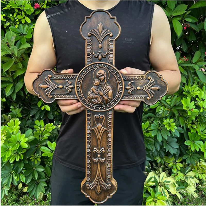 Hand Carved Virgin Mary with Child Wooden Cross - Catholic Wall Hanging Decor, Christian Baby Shower Gift, 3D Religious Home Art