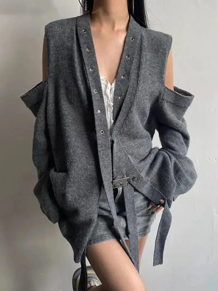 

NICEWOMEN Fashion Women's Knitted Cardigan Shoulder Hollow Out Adjustable Metal Buckle Lace-up Loose Coats Winter 2023 New AH177