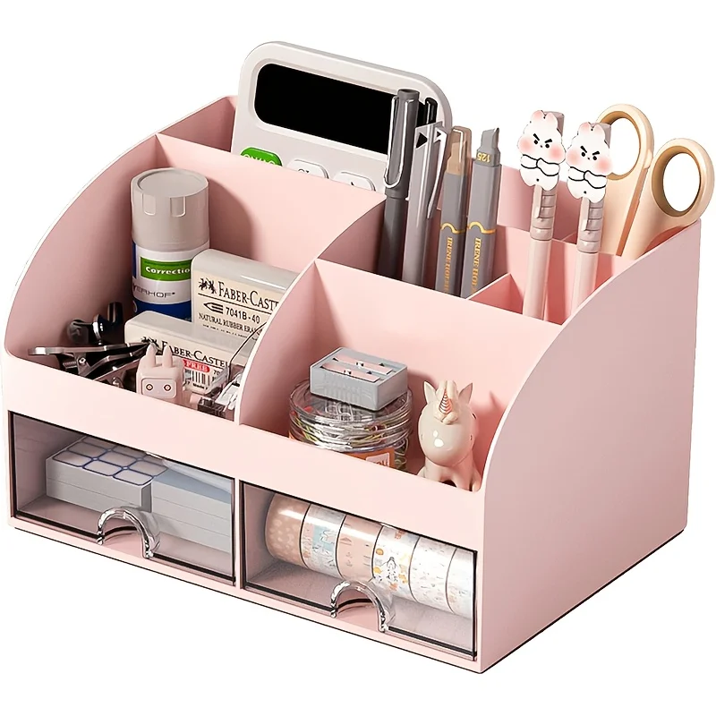 Organizer da scrivania a 6 scomparti con 2 cassetti, contenitore in plastica per cosmetici, set organizer da scrivania, portapenne, perfetto per l'organizzazione - immagine 2