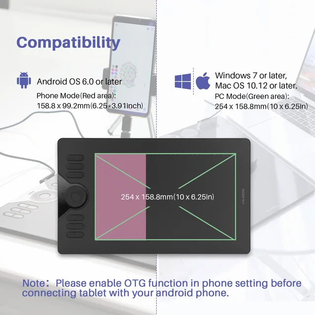 HUION HS610 Drawing Tablet Graphic Tablet with Battery-Free Stylus 8192 Tilt Function 10x6.25 Compatible Windows/Mac/Android 6