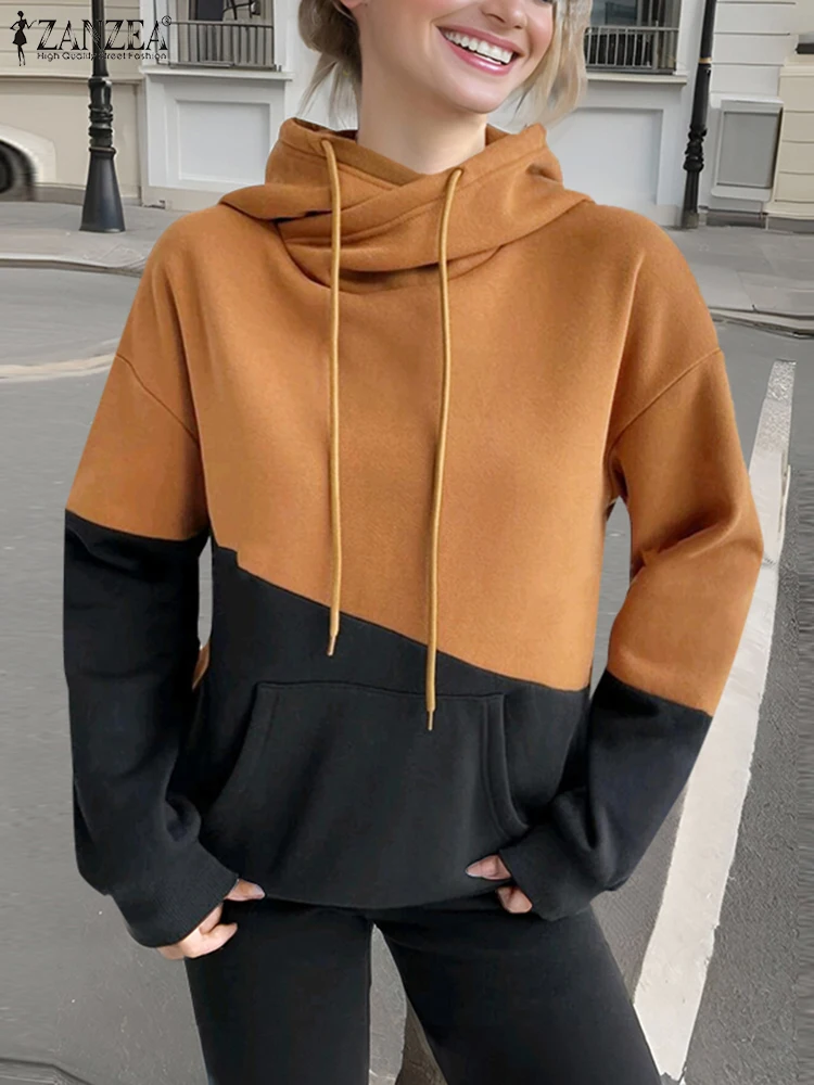 ZANZEA Holiday Hooded Drawstring Tops Women Colorblock Hoodies Fashion Long Sleeve Sweatshirt 2024 Autumn New All-match Pullover 2
