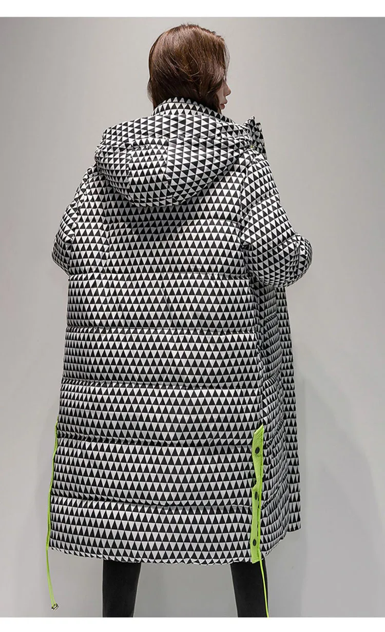 2023 Winter Warm  Plaid Long  Coat Women ' s Fashion Thicken Hooded Puffer Jacket Female Windproof Warm Outwear