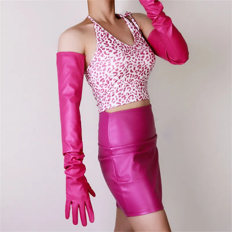 

NEW Long Leather Gloves Female 28'' 70cm Loose Faux Sheepskin Leather Rose Red PU Leather Women Gloves WPU328