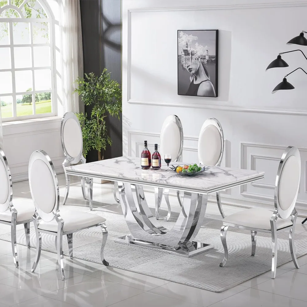 Dining Table Luxury Faux Marble Kitchen Table with Silver Mirrored Finish Stainless Steel Base,Rectangular Dining Room Table 5