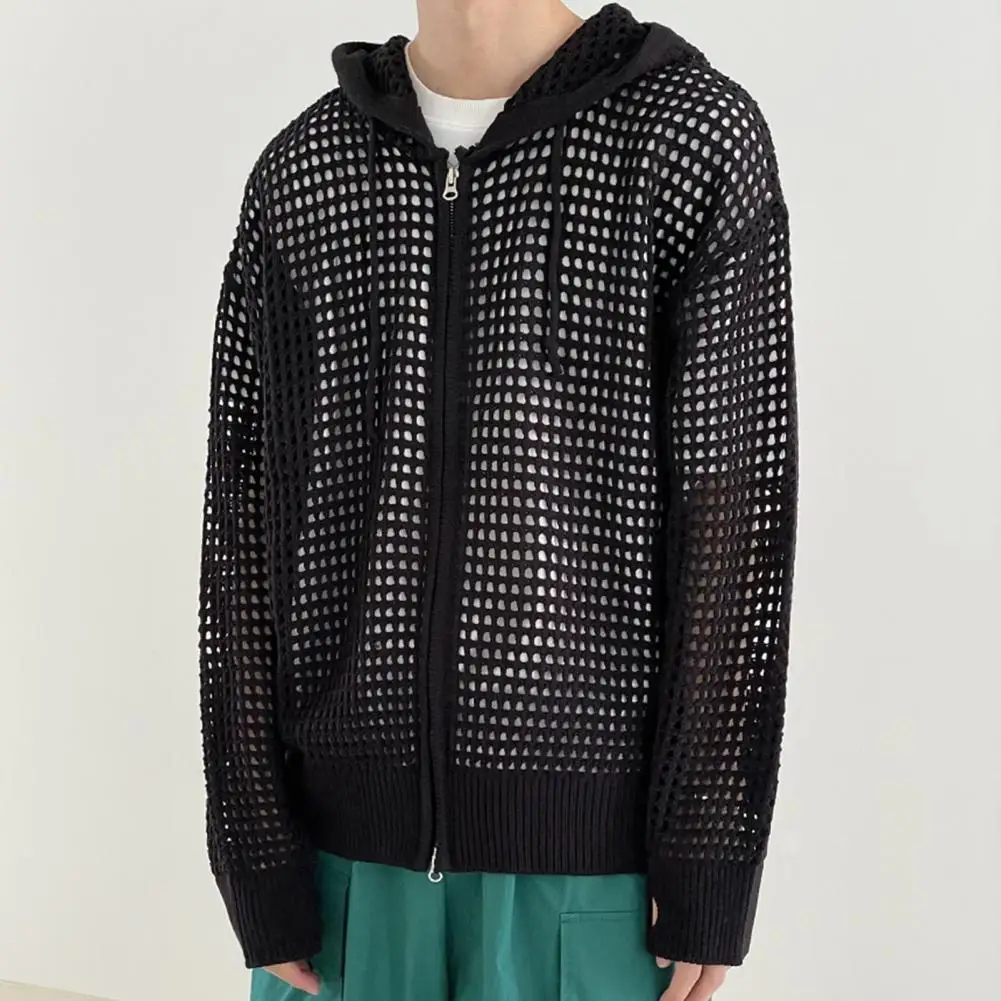 

Polyester Fiber Jacket Stylish Men's Hip Hop Cardigan with Hollow Out Design Zipper Closure Trendy Hooded Long Sleeve for Fall