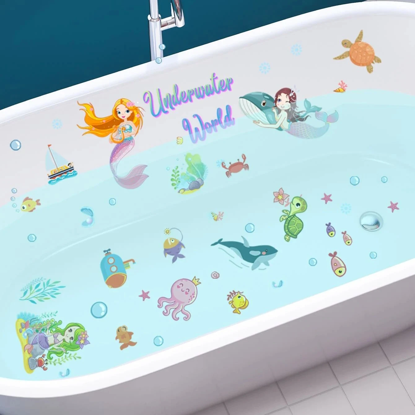 6 sheets Mermaid Sea Underwater World Cartoon Figure & Animal Print Non-Slip Bathtub Stickers Anti-Slip PVC Bathtub Appliques
