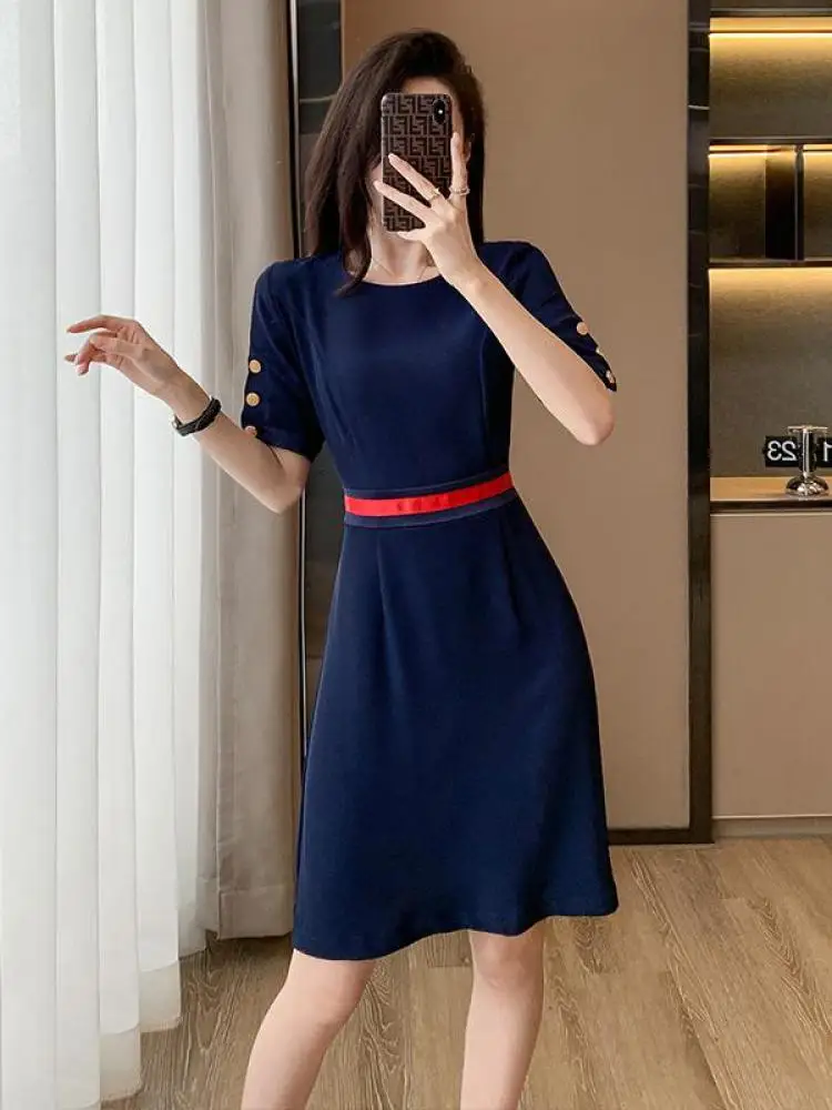 2023 Frauen roten runden Kragen Patchwork A-Linie Kleider Sommer schlanke  blaue Kurzarm hohe Taille Bro Midi elegante Kleid Damen - AliExpress  200000345