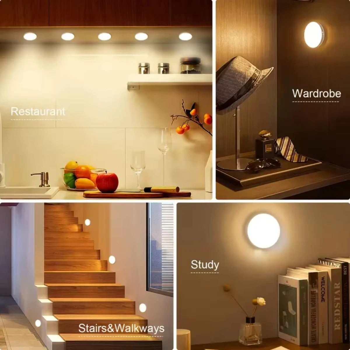 3pcs Motion Sensor Night Light USB Rechargeable Night Lamp Cabinet Wardrobe Lamp Staircase Wireless Closet Light