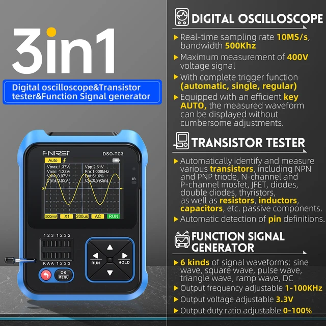 FNIRSI DSO TC3 Digital Oscilloscope 500KHz 10MS s Transistor Tester Function ESR Diode Signal Generator 3