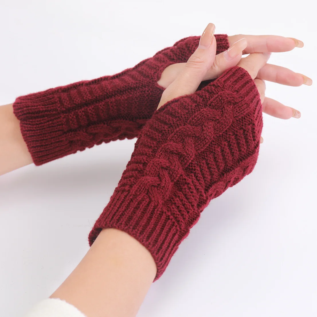 Guantes de mano largos de punto para Mujer, mitones bordados cálidos, Guantes sin dedos para Mujer, Guantes para niña, Invierno