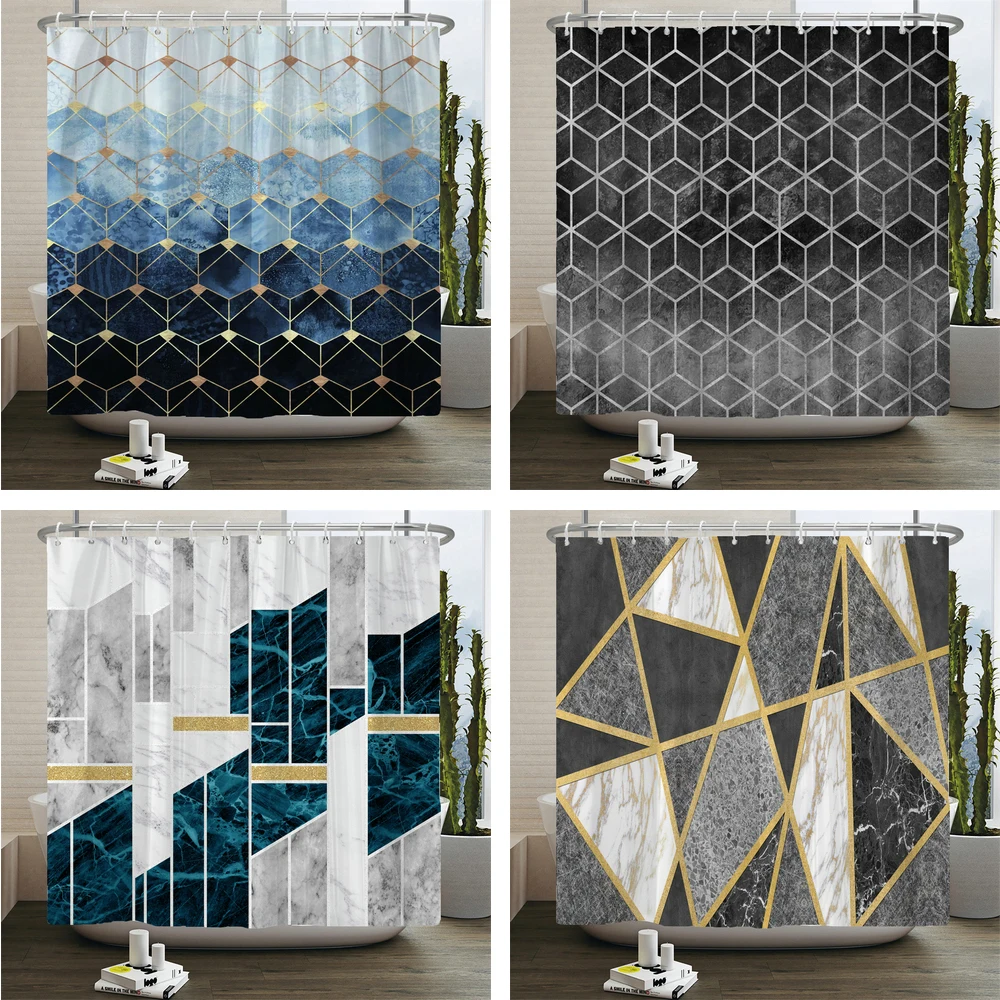 

Marble Brick Shower Curtain Elegant Minimalism Bathroom Curtain Waterproof Fabric Art Geometry Bath Curtain Restroom With Hooks