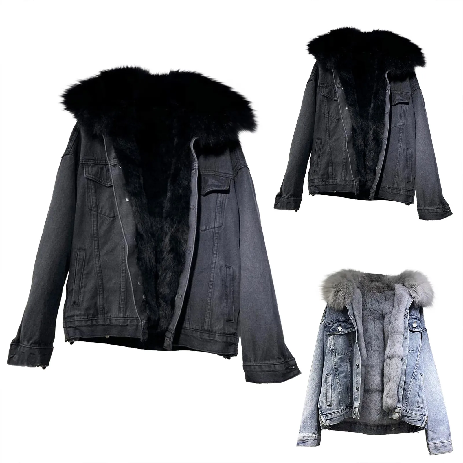 Denim Fleece Thicken Coat Women Winter Thermal Fur Neck Single Breasted Pocket Coat Vintage Loose Warm Soft Streetwear Outercoat