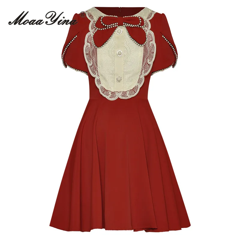 

MoaaYina Summer Fashion Runway Vintage Red Party Dress Women's O-neck Bow Beading Button Embroidery High Waist Mini Short Dress